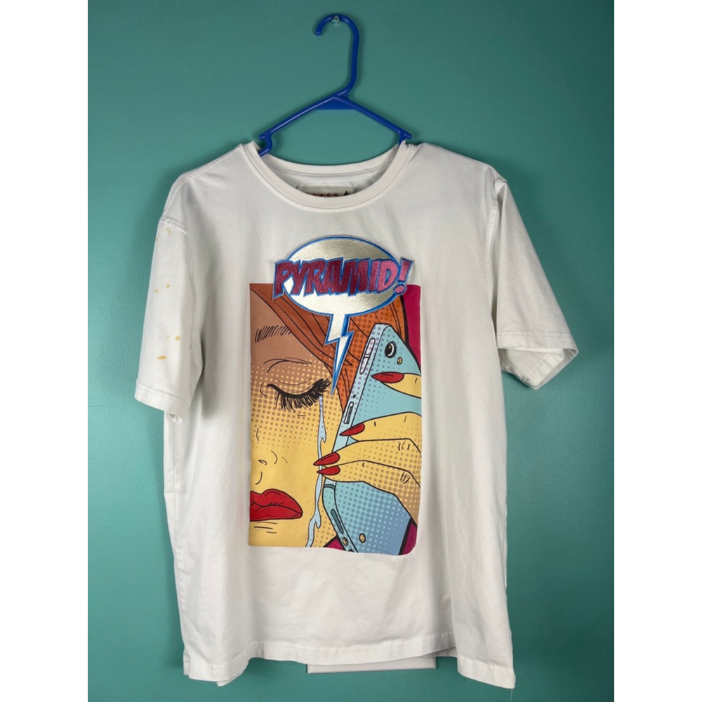 Black Pyramid Pop Art Graphic Tee White Large Comic Style Crying Girl Shirt Chri